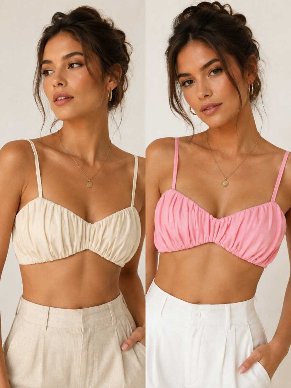 Meshki Jordan Ruched Bralette Crop Top Pink Stone 2 Piece Bundle XS